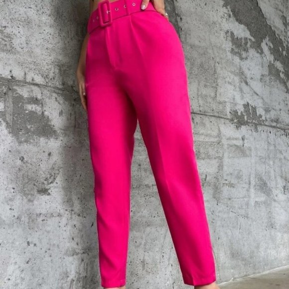 Hot Pink Belted Classic business chicf Tapered Pants - Picture 3 of 8